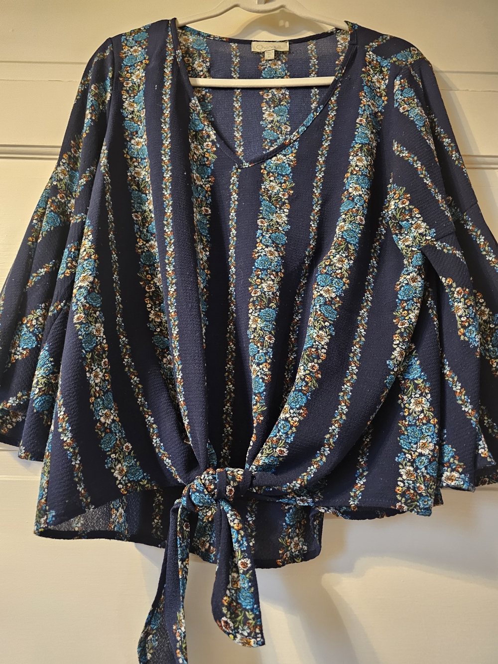 Chenault Navy Blue/green Floral Stripe Tie-Front Blouse XL
